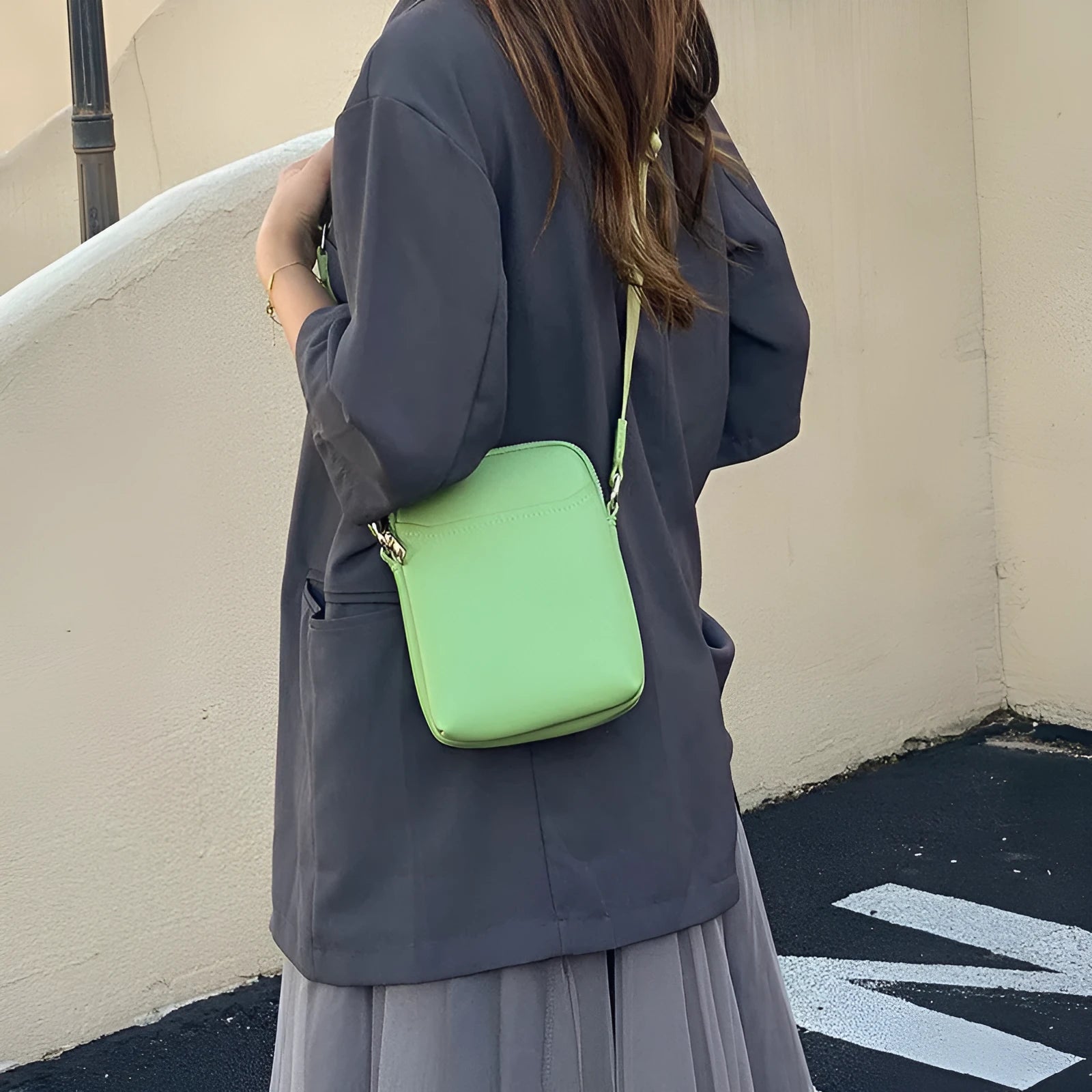 Solid colour PU leather mobile phone crossbody shoulder bag in black, beige, khaki, or green