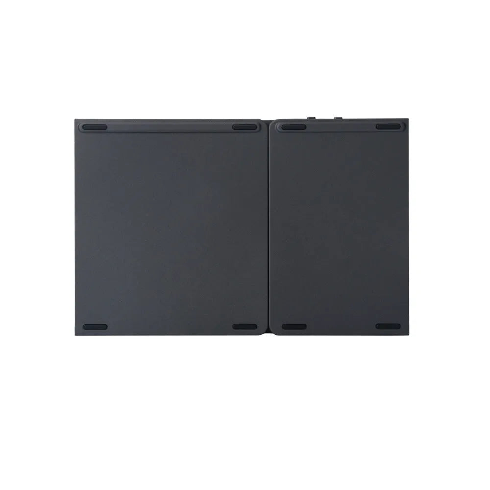 Black tri-fold folding Bluetooth keyboard with touchpad shown open and closed, next to a mobile phone
