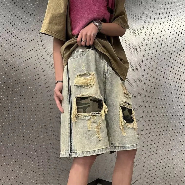 Men's camouflage denim shorts with ripped distressed detailing in straight leg Korean style cut