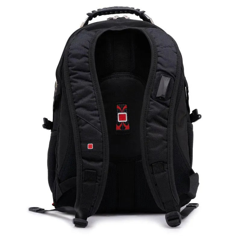 Black business computer backpack with three compartments open, showing laptop sleeve and organiser pockets