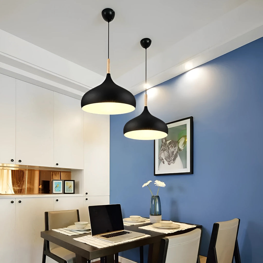 Modern zinc alloy single-head pendant light with adjustable cord, shown in a selection of colours.