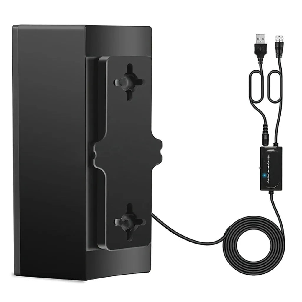 Black plastic digital television antenna with HD mode selector on a flat surface