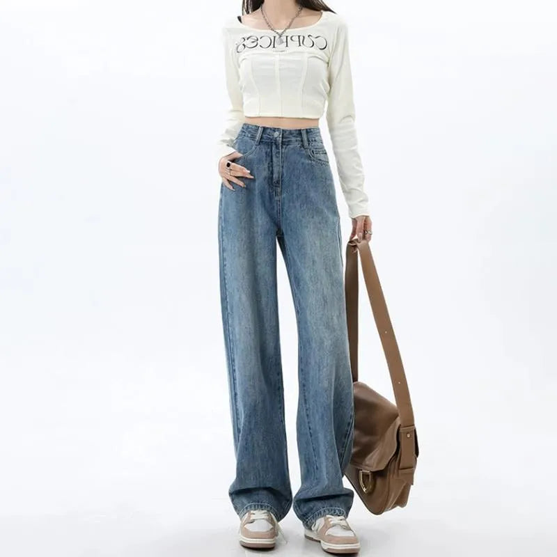 Women's high waist wide leg jeans in retro blue denim with straight leg silhouette
