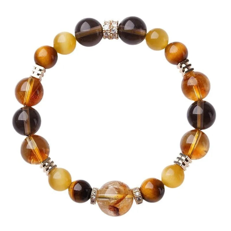 Lucky Jinba natural yellow crystal tiger-eye bracelet in geometric design, showing 10mm and 12mm size options