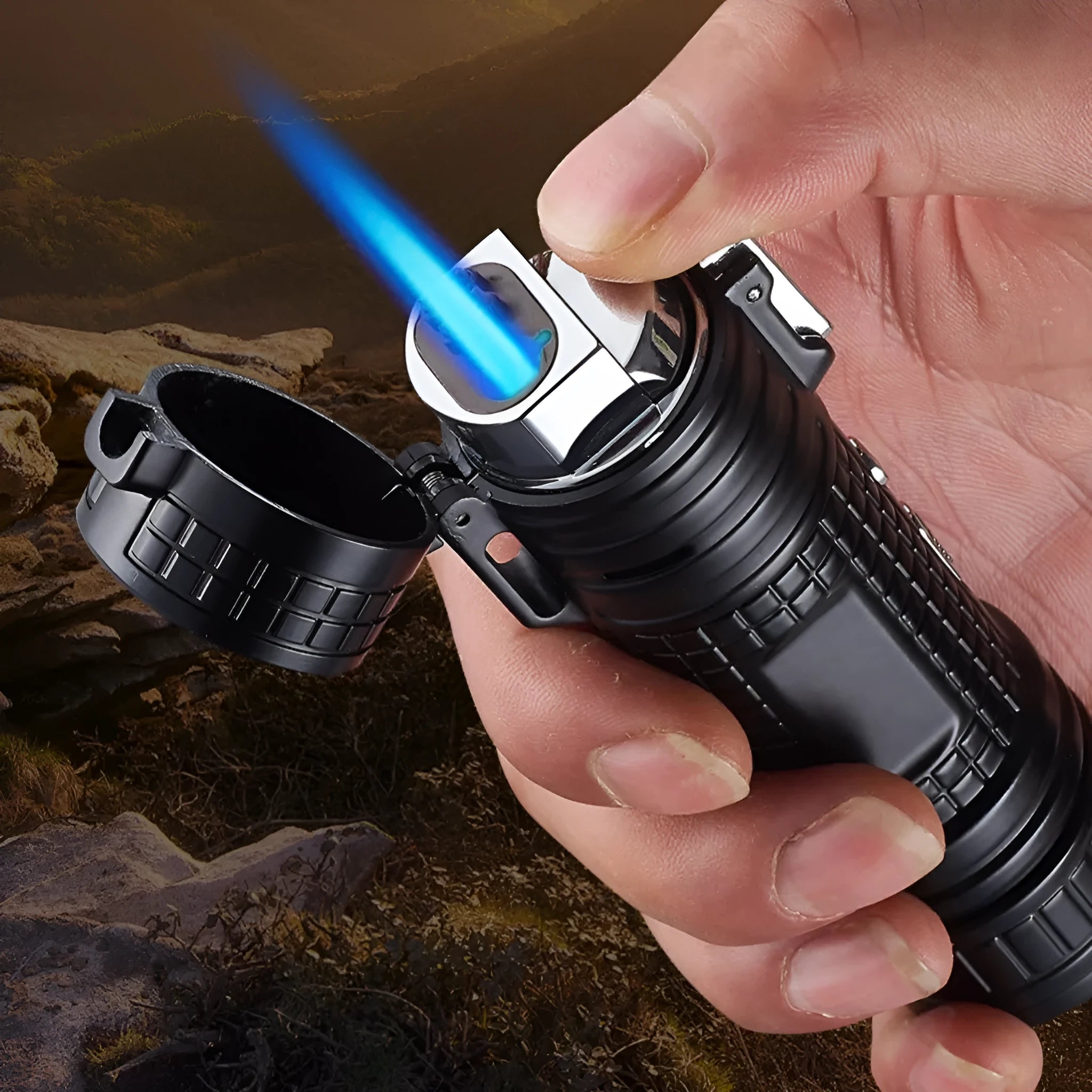TH727 multi-function metal waterproof flashlight lighter in camouflage, red, black, blue, and yellow colour options.