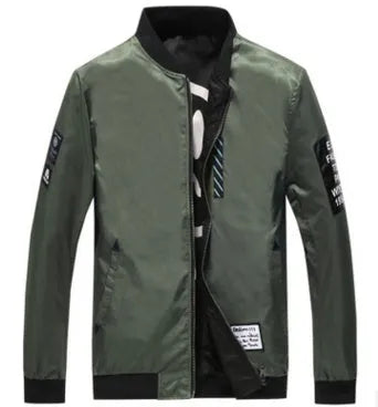 Reversible men's casual flight jacket shown in a striped pattern, with a zip front and collarless design.
