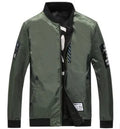 Reversible men's casual flight jacket shown in a striped pattern, with a zip front and collarless design.