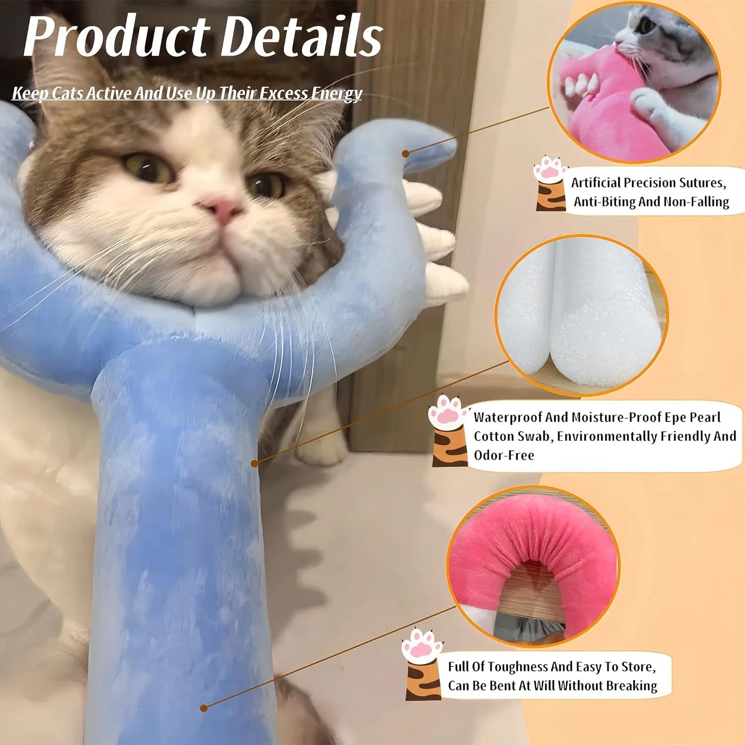 70cm blue and pink plush cat wand toy with oversized design for interactive pet play