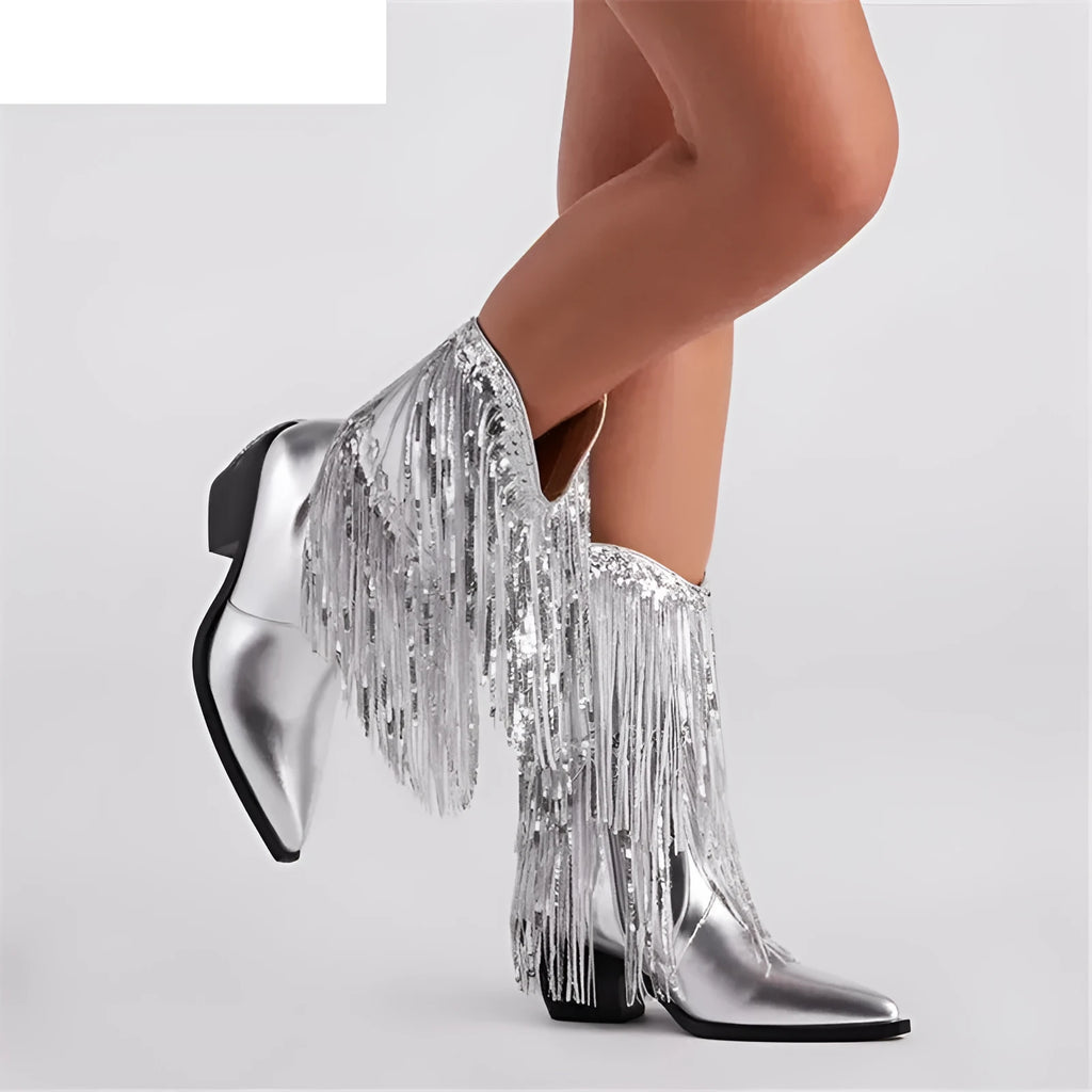 Women's black chunky heel tassel ankle boots with a pointed toe and stiletto heel.