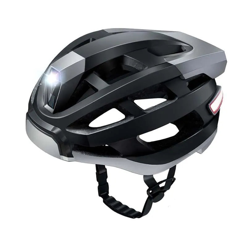 Black and grey smart cycling helmet with integrated LED warning lights on adult model