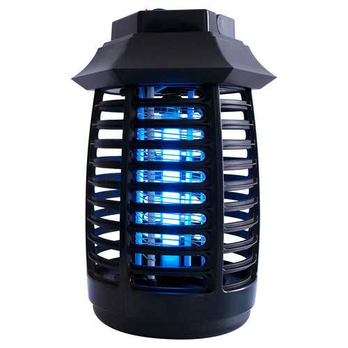 Black aromatherapy mosquito lamp insect killer with choice of international plug styles on a table.