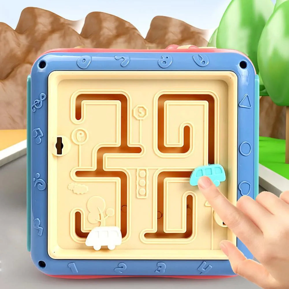 Six-sided baby educational toy cube showing multiple activity faces including bead maze and gear connections