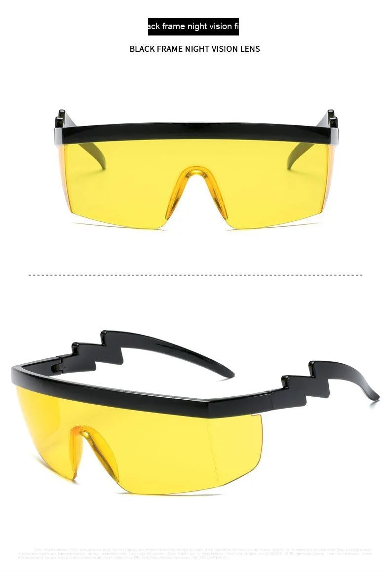 One-piece sports sunglasses with lightning bolt temple legs and polycarbonate lenses