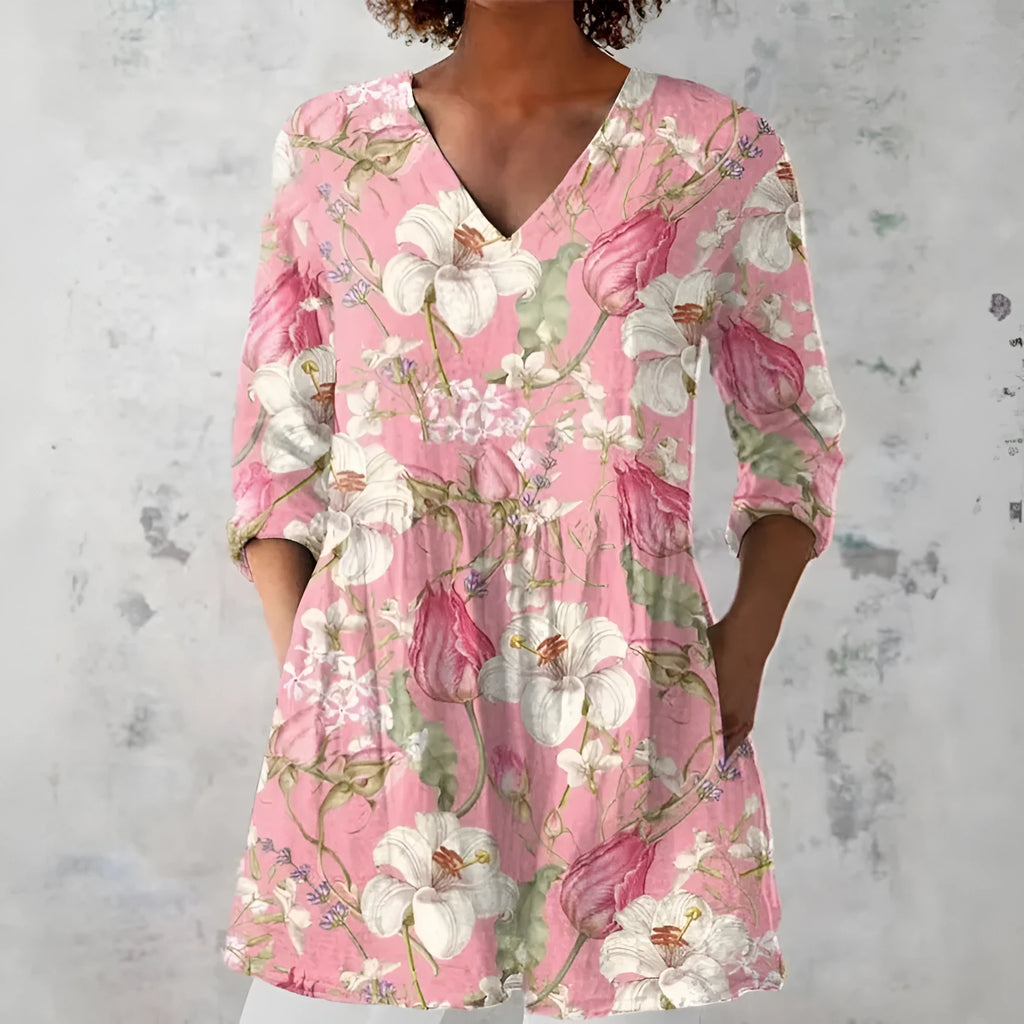 Women's retro style slim fit long sleeved top with a digital printed pattern.