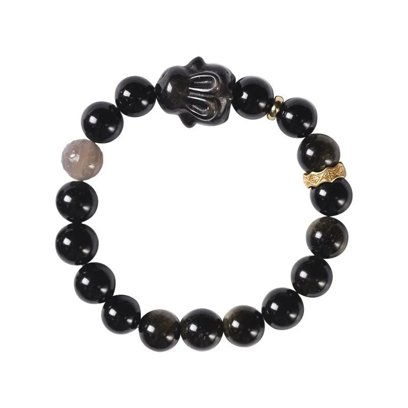 Handmade lying rabbit charm obsidian bracelet with grey agate beads in 8mm and 10mm sizes.