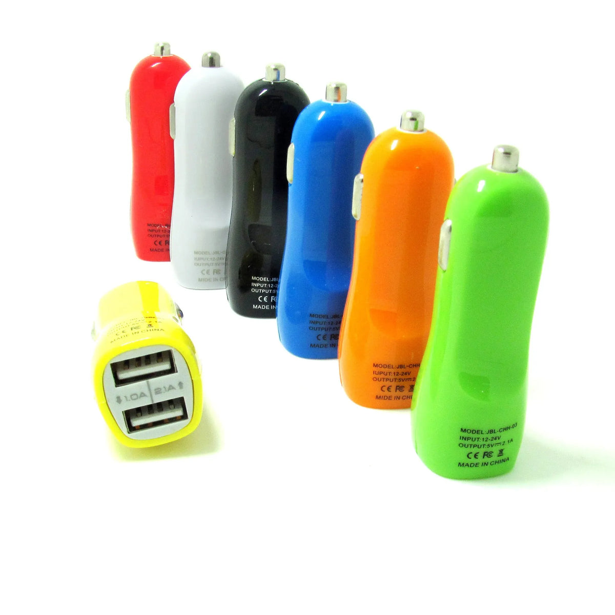 Dual USB car charger with blue LED indicator light and piano paint finish