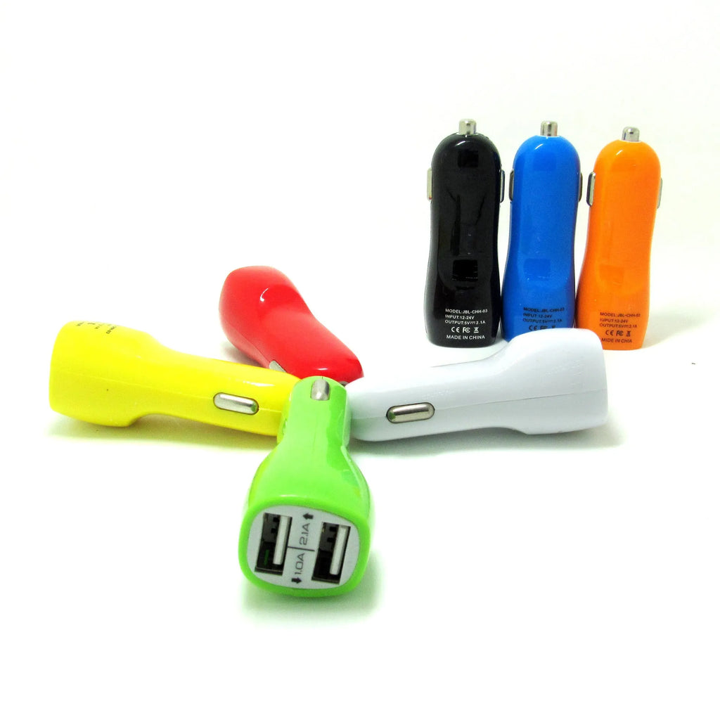 Dual USB car charger with blue LED indicator light and piano paint finish