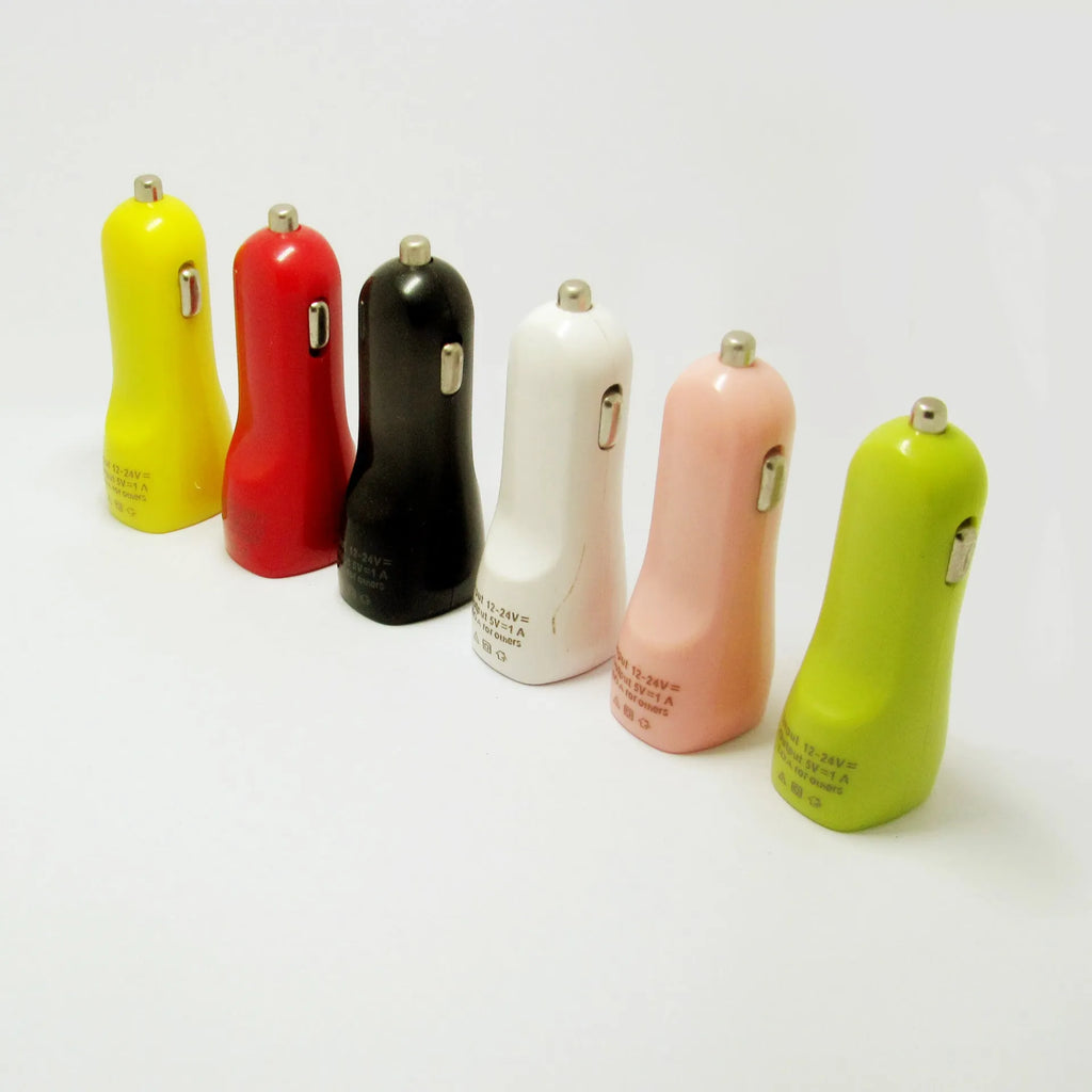 Dual USB car charger with blue LED indicator light and piano paint finish