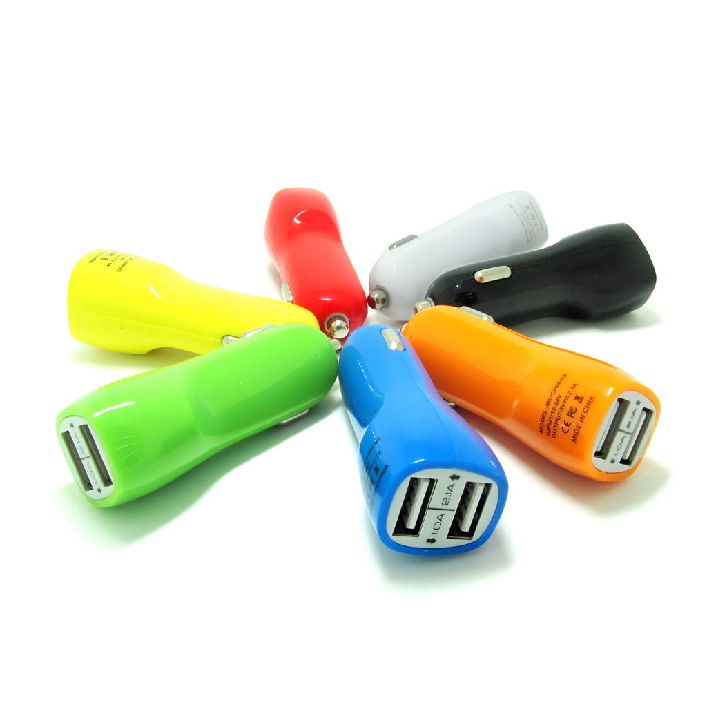 Dual USB car charger with blue LED indicator light and piano paint finish