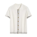 White short sleeve women's cardigan with dark contrast lapel collar, old money style.