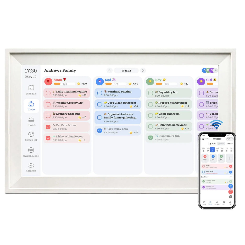 White smart digital photo frame with 15.6 inch screen on a table.