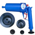 Black and yellow plastic manual drain blaster gun with handle and four different sized suction cup adaptors.