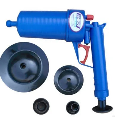 Black and yellow plastic manual drain blaster gun with handle and four different sized suction cup adaptors.