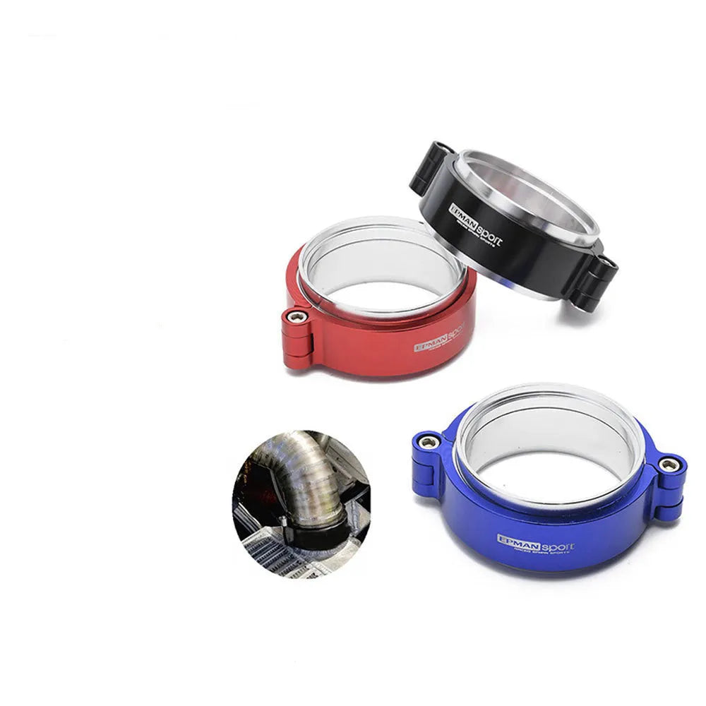 Aluminium fixed movement clamp for car turbine exhaust downspout in black, blue, or red.