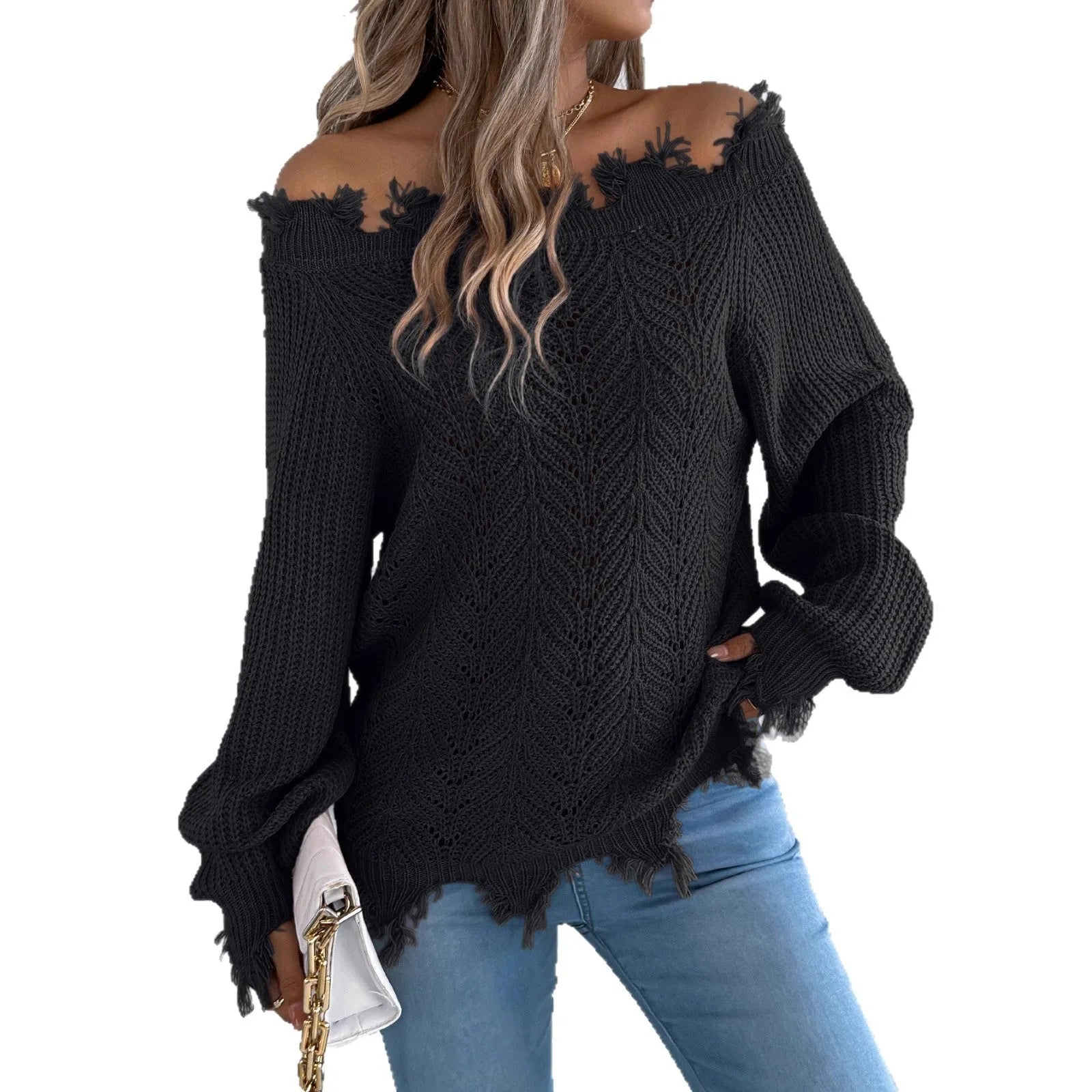 White hollow-out off-the-shoulder acrylic fibre pullover sweater with long sleeves