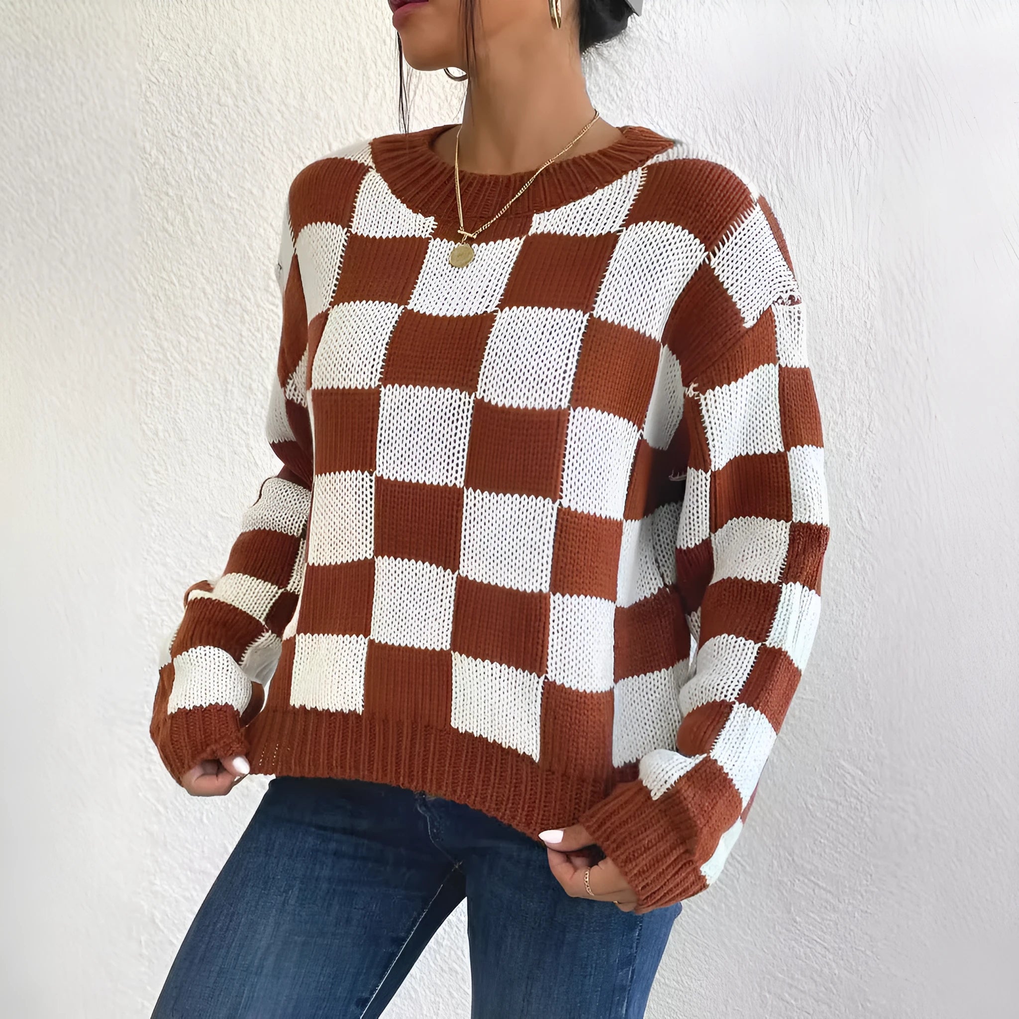 Dark brown plaid loose round neck pullover sweater with long sleeves