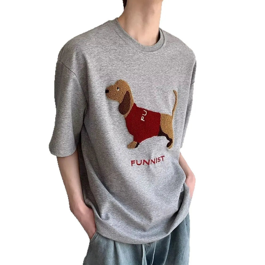 Grey men's round neck T-shirt with an embroidered dachshund dog design on the chest.