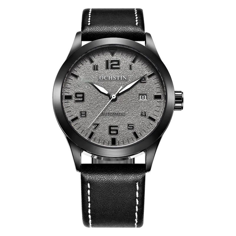 Men's retro automatic mechanical watch with black case and leather strap showing dial detail