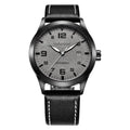 Men's retro automatic mechanical watch with black case and leather strap showing dial detail