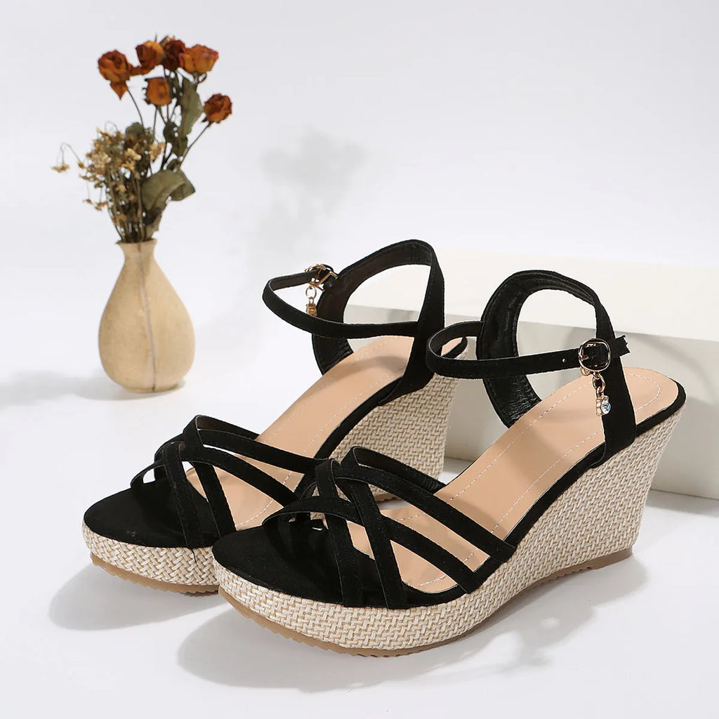 Women's wedge sandals with fish mouth toe design in black or beige cloth upper
