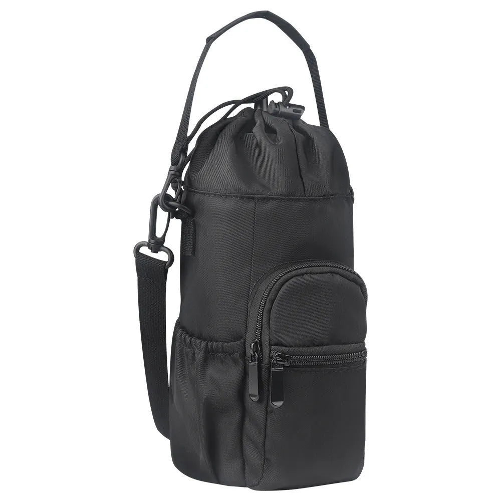 Canvas water bottle pouch with crossbody strap in black, green or pink colours