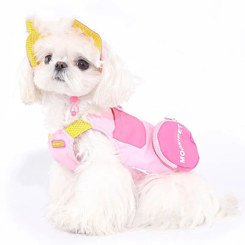 Pink polyester dog vest for small breeds on mannequin showing vest closure