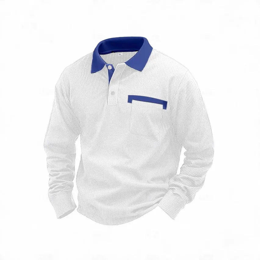 Man wearing a long-sleeved waffle knit polo shirt in a loose, retro style.