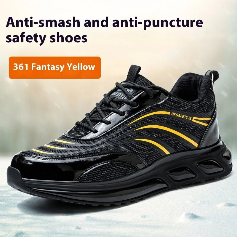 Orange labour protection shoes with leather upper and rubber sole, anti-smashing and puncture-resistant safety footwear