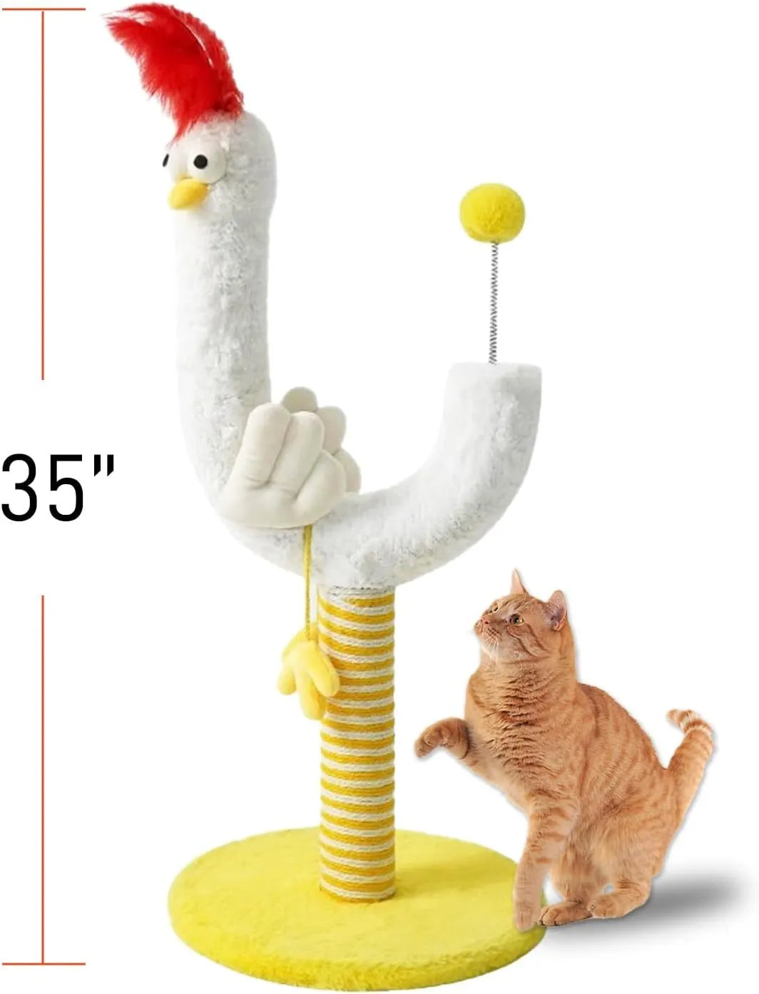 Yellow vertical cat scratching post with sisal wrapping and a spring ball toy attached.