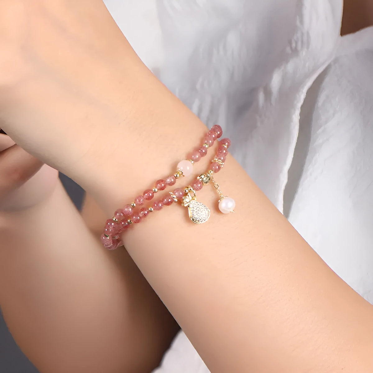 Strawberry quartz geometric bracelet with wallet charm women's crystal jewellery