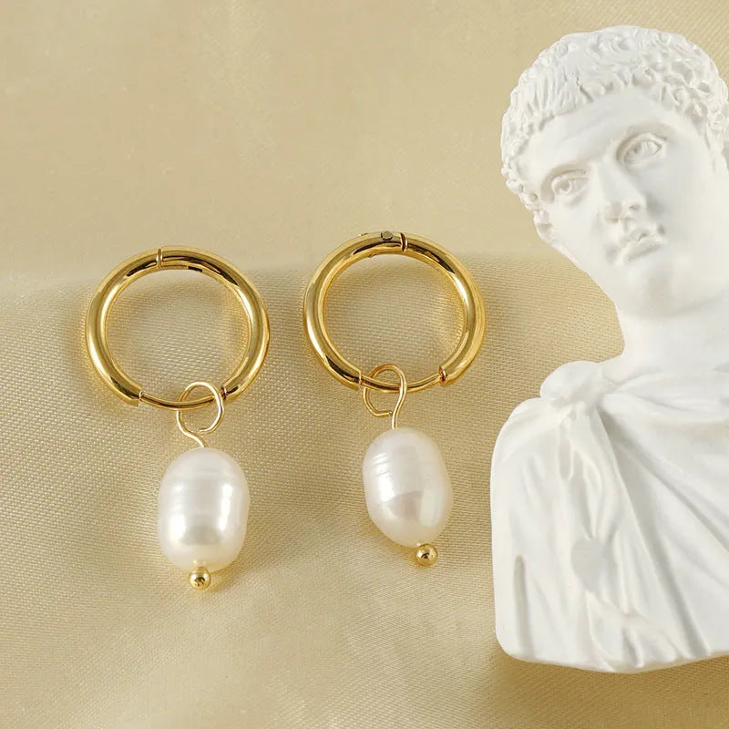 Gold geometric stainless steel earrings with freshwater pearls and titanium posts for women