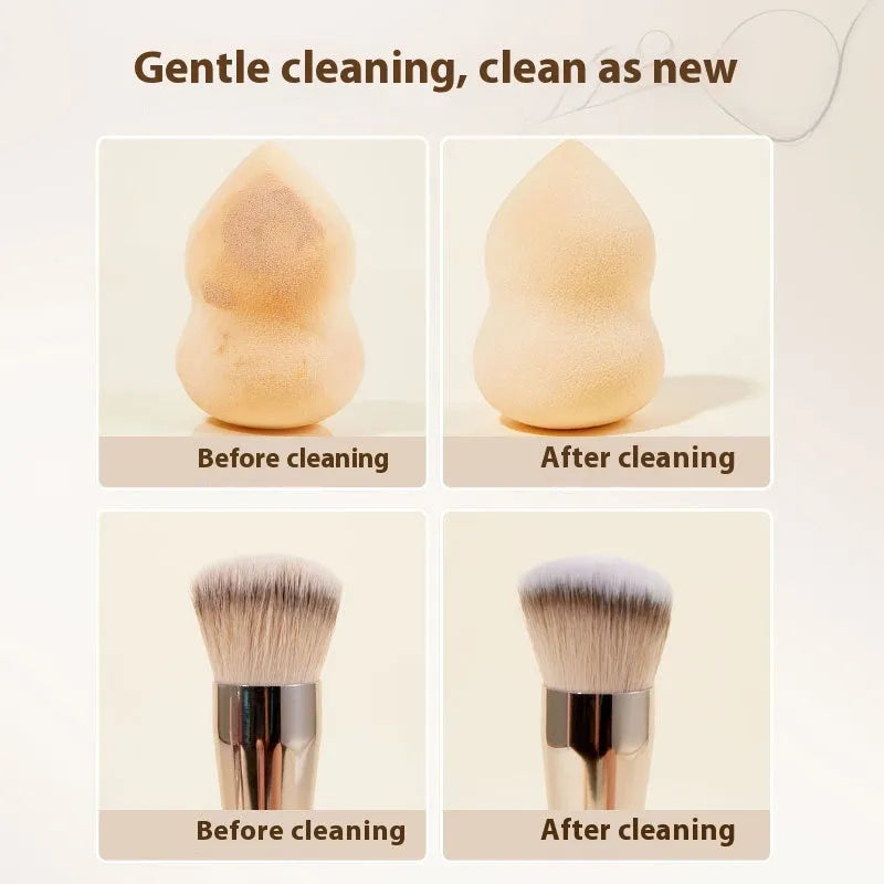 Makeup brush cleaner set showing 80ml detergent and 75ml wash-free spray for beauty blenders