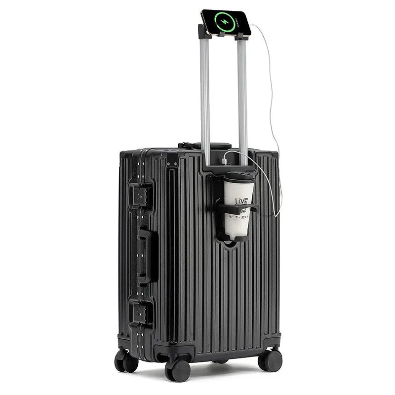 Hard-shell aluminium frame suitcase in avocado green with USB port and universal wheels.