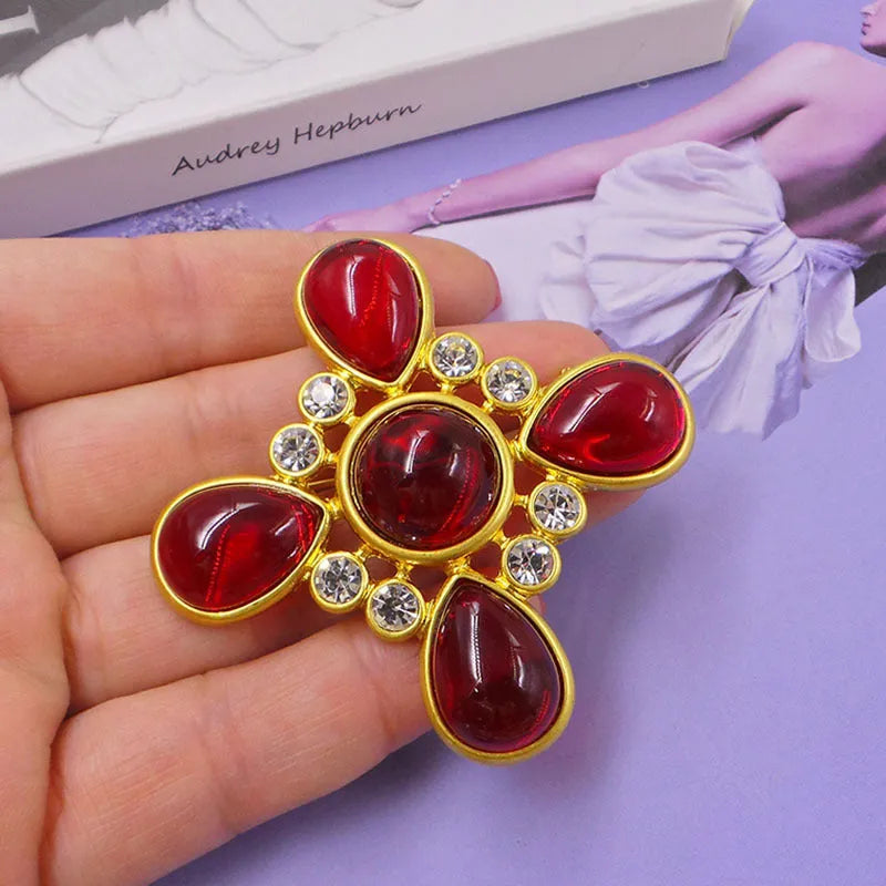 Medieval baroque cross crystal brooch in zinc alloy with vintage styling