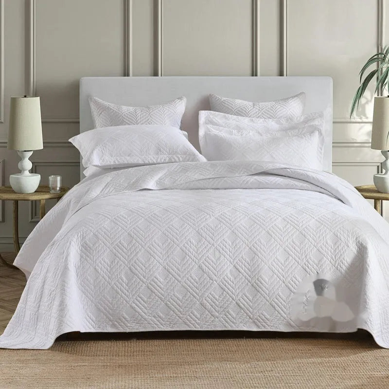 Pure cotton bed cover three-piece set in solid colours with embroidery detail for standard double beds
