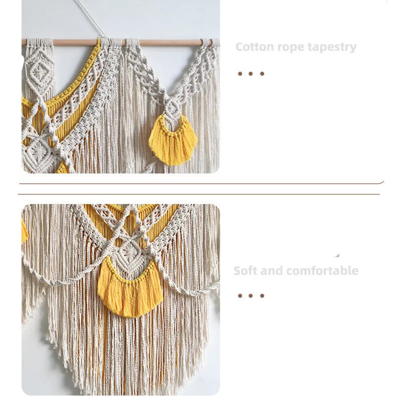 Hand-woven creamy white and yellow Nordic style cotton tapestry hanging on a wall