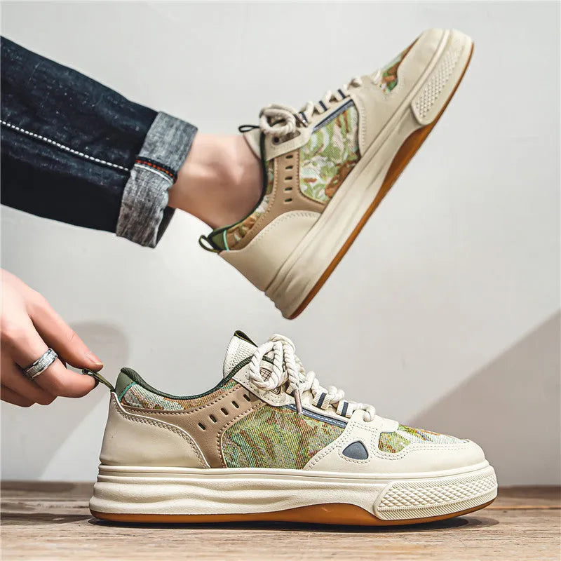 Canvas casual shoes in Milan green and beige colours with flat heel and round toe design