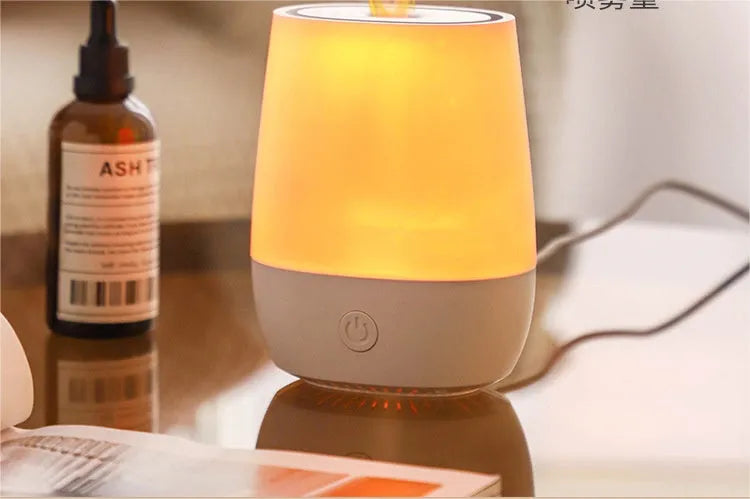 White USB-powered aromatherapy diffuser with simulated flame effect and humidifier function