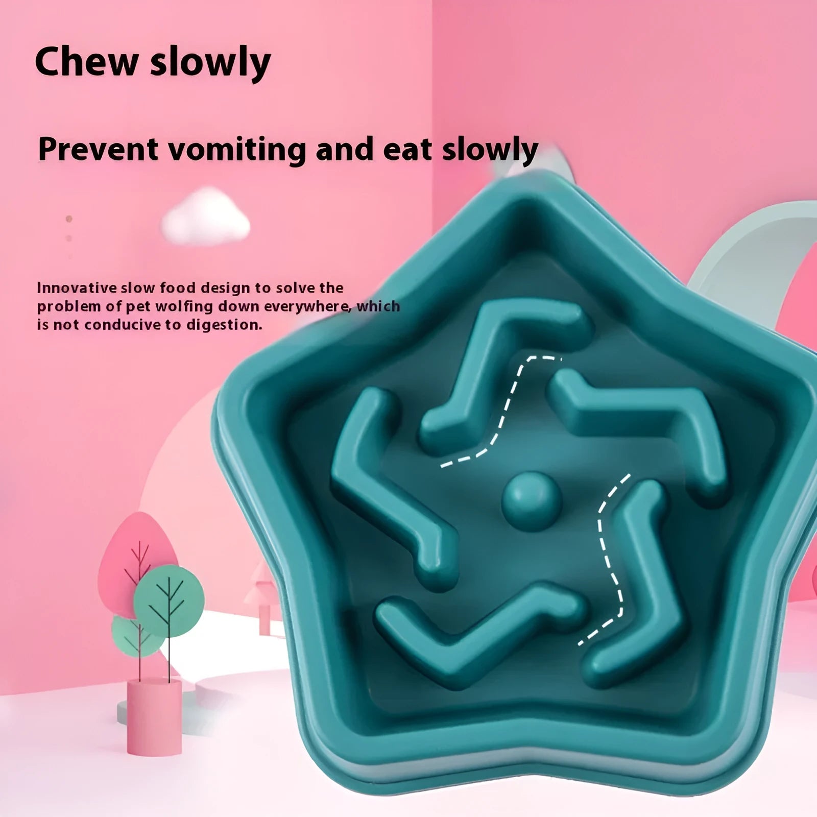 Yellow plastic slow feeding dog bowl with textured bottom pattern measuring 20.1cm diameter