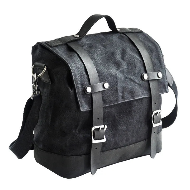 Black waterproof canvas motorcycle side bag with cowhide accents showing 300×280×150mm dimensions
